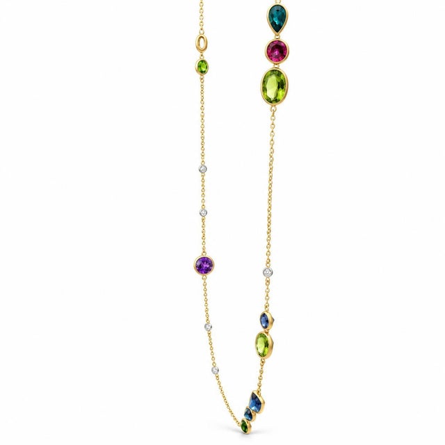 14k Gold Multi-Color Sapphire & Diamond Station Necklace For Sale - Image 4 of 7