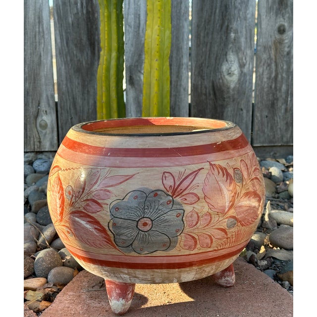 Mexican Vintage Tonalá Pottery Footed Planter – Hand-Painted Floral Design For Sale - Image 3 of 12