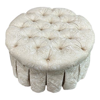 Round Tufted Box Pleat Ottoman With Casters For Sale