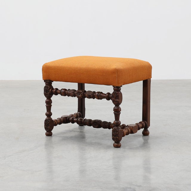 Louis XIII Walnut Stool with Carved Turned Stretchers and Upholstered Seat, France, 1600s For Sale - Image 12 of 12