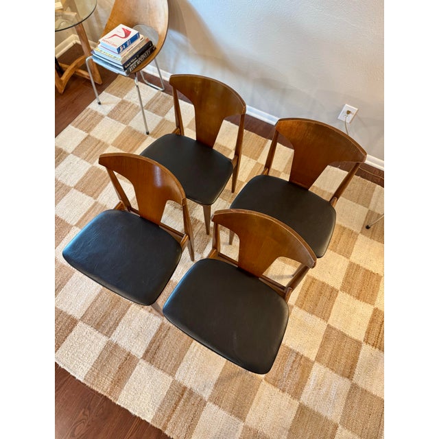 A Beautiful Set of 4 Mid Century Modern Dining Chairs in Teak With Black Faux Leather Seats, Attributed to Elliots of Newbury, Circa 1960s For Sale - Image 4 of 12