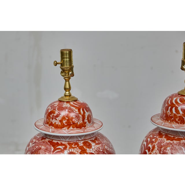 Wood Pair of Red and White Porcelain Dragon Temple Jar Table Lamps For Sale - Image 7 of 12