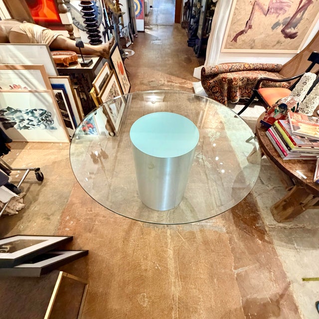 Vintage Modernist Round Glass Dining Table With Brushed Aluminum-Look Pedestal Base For Sale In Los Angeles - Image 6 of 12