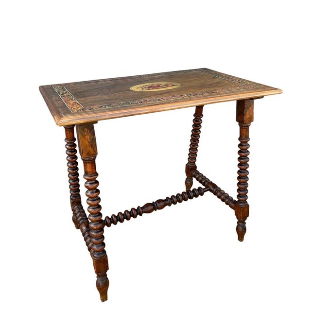 20th Century Spanish Barley Twist Table with Inlaid Marquetry Top, 1920 For Sale - Image 14 of 14