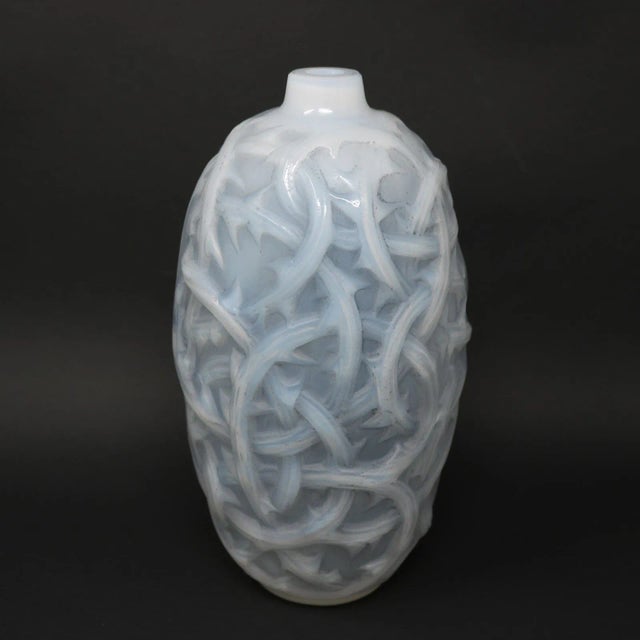 Rene Lalique Opalescent Glass 'Ronces' Vase, with grey stained background. This pattern depicts entwined bramble branches....