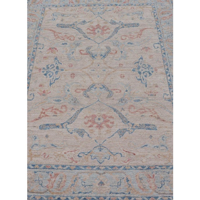 2020s All-Over Hand Knotted Oushak Rug With Arabesque Design in Ivory and Blue Tones 4'11 X 6'10 For Sale - Image 5 of 12