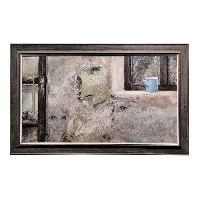 Mikulas Kravjansky - I Love You - Three Faces on the Wall -1969 Oil Painting For Sale