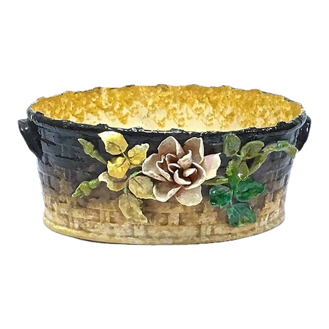 Antique French Barbotine Majolica Basket Cachepot. For Sale