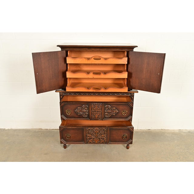 1920s Berkey & Gay Style Antique English Jacobean Carved Walnut Highboy Dresser, Circa 1920s For Sale - Image 5 of 16