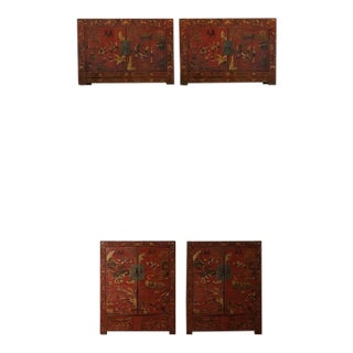 Mid 19th Century Set of 4-Piece Antique Chinese Red Lacquer and Gilt-Painted Cabinets For Sale