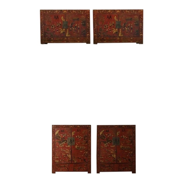 Mid 19th Century Set of 4-Piece Antique Chinese Red Lacquer and Gilt-Painted Cabinets For Sale