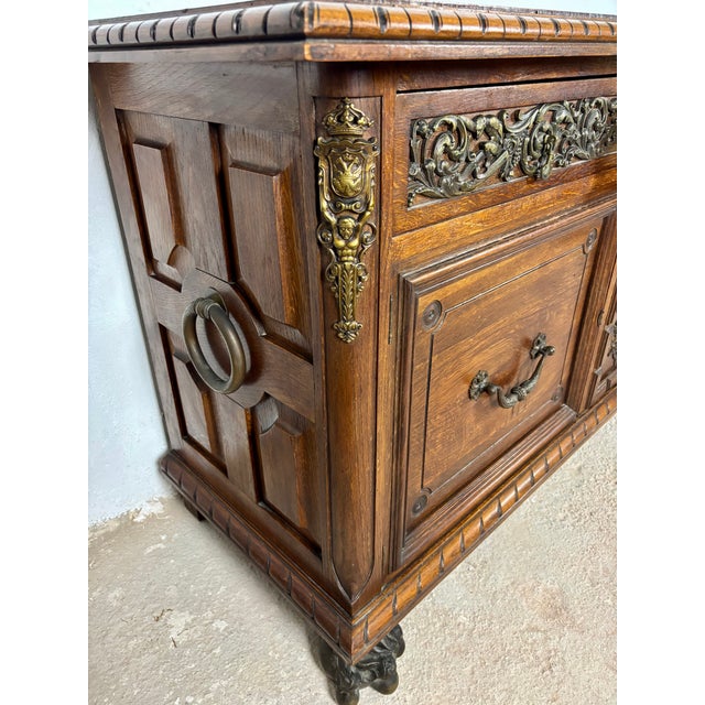 Large Henry II Style Oak Sideboard With Bronze Mounts, Early 20th Century For Sale - Image 15 of 18