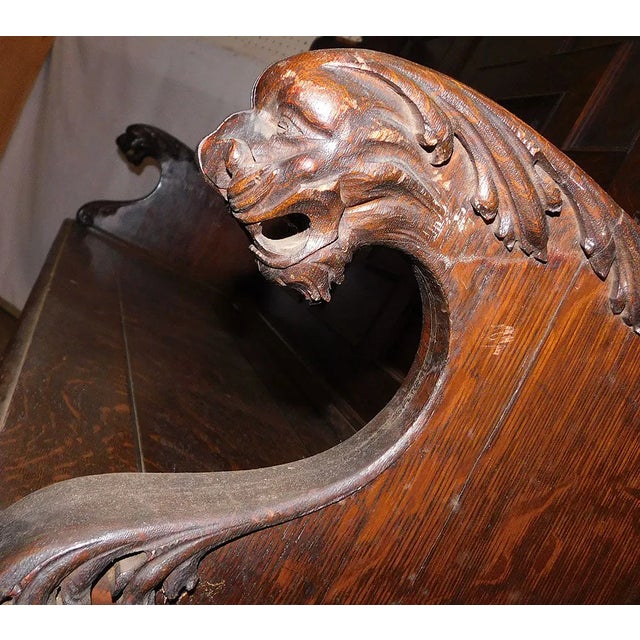 Antique Carved Oak Settle With Lion's Head Arm Rests and Beveled Edge Mirror For Sale - Image 4 of 12