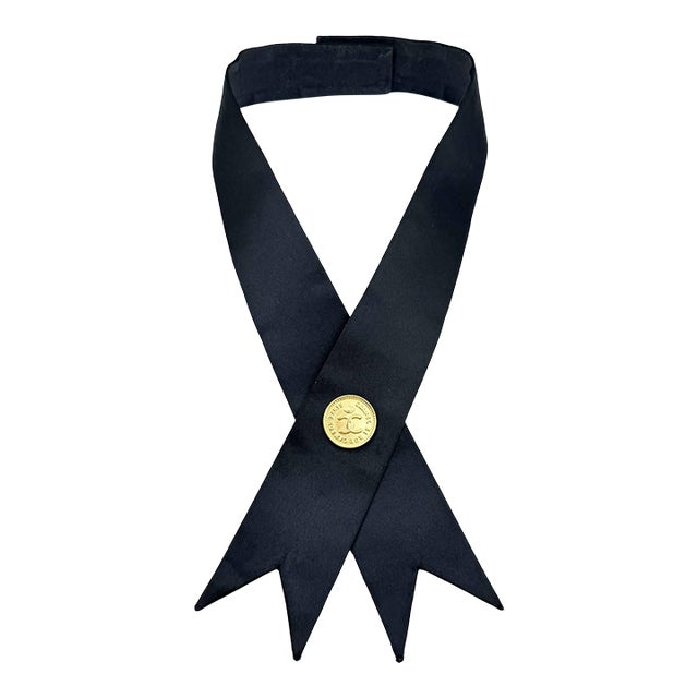 Chanel Rare Black Silk Gold Plated Medallion Neck Tie Necklace For Sale