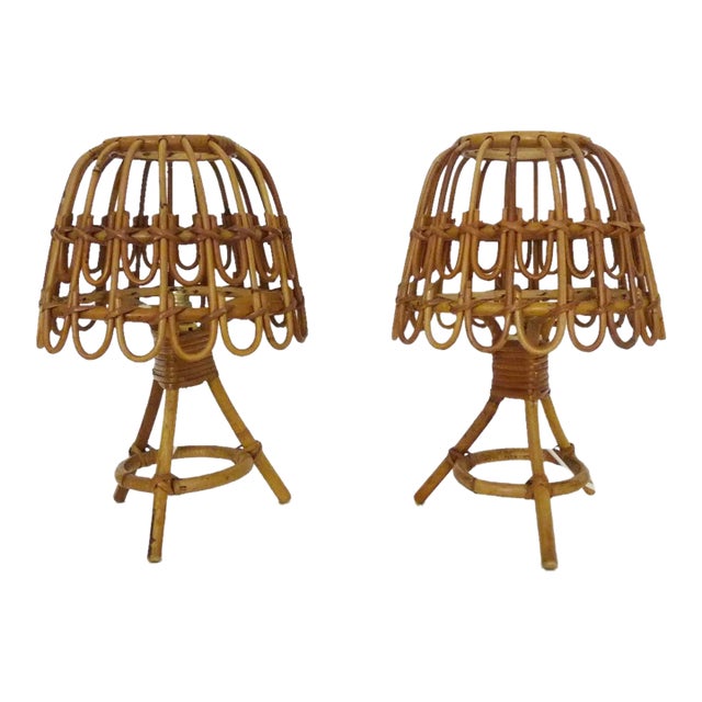 Pair French Louis Sognot Rattan Table Lamps 1950s For Sale