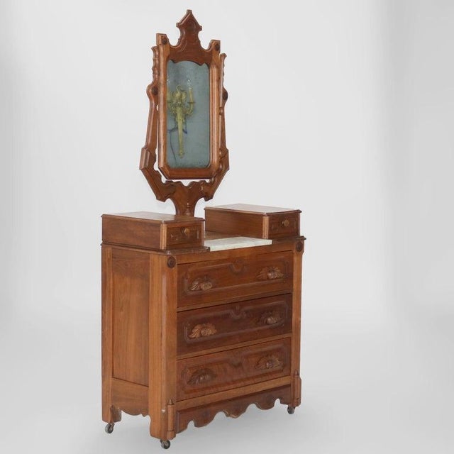 Victorian Antique Victorian Carved Walnut Marble Top Dresser With Mirror Circa 1890 For Sale - Image 3 of 15