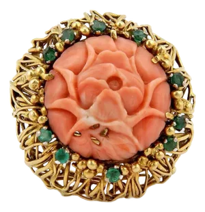 J. Auen 14k Yellow Gold Coral & Emerald Large Flower Ring - Size 6