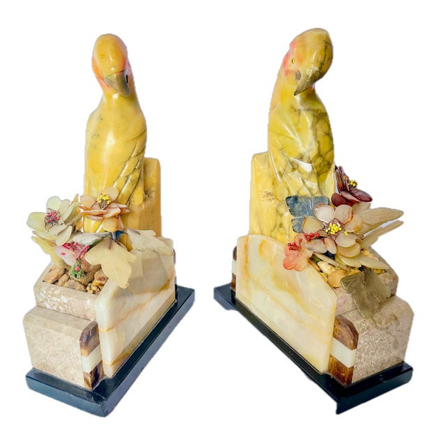 Metal Pair Art Deco Jadeite & Multi-Stone Parrot Bookends For Sale - Image 7 of 18