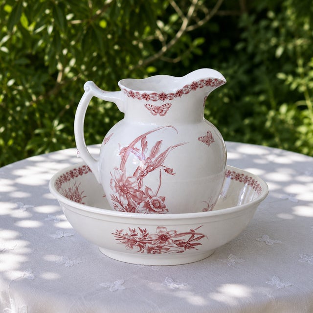 A wonderful antique 19th-century french wash set in pink ironstone, stamped maison bertrand bordeaux france, “anémone”...