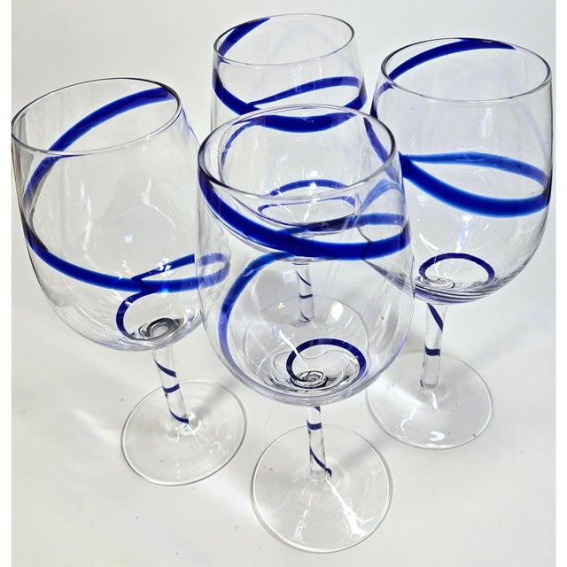 Glass Vintage Wine Glasses Glass Blue White Swirl Chinoiserie Jumbo Cobalt Ribbon Goblet - Set of 4 For Sale - Image 7 of 11
