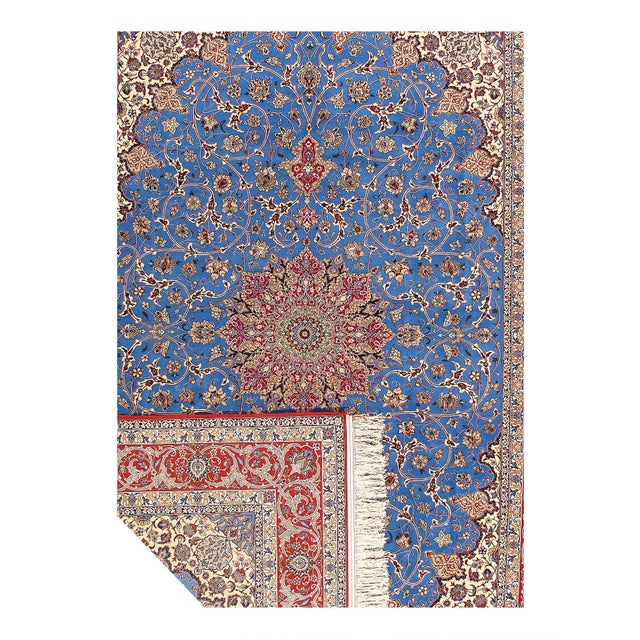 Light Blue Fine Hand Knotted Persian Silk & Wool Isfahan Rug For Sale - Image 4 of 12