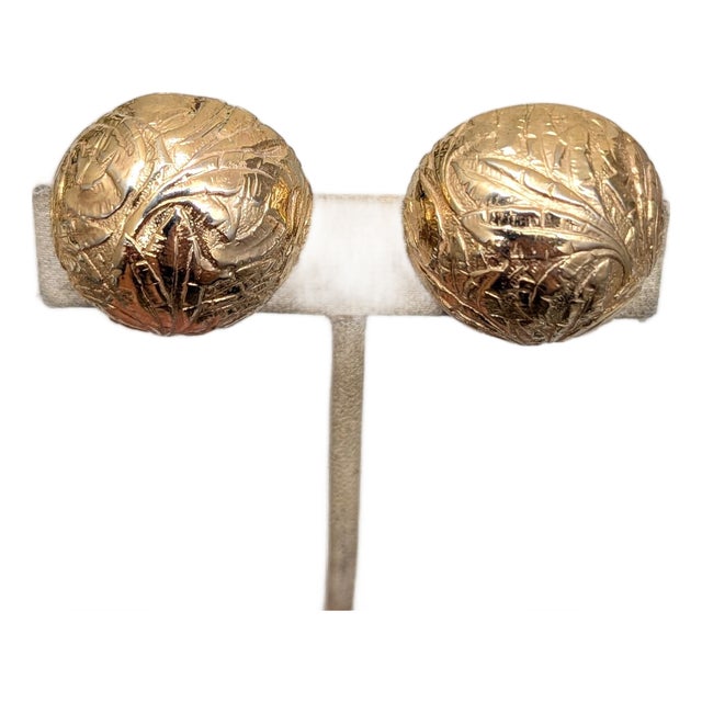 Vintage 1960s Signed Napier Goldtone Round Domed Foliate Clip Earrings-2 Pieces For Sale