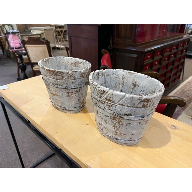 Rustic Vintage Rustic Hand-Carved Wooden Planter Buckets – Pair For Sale - Image 3 of 10