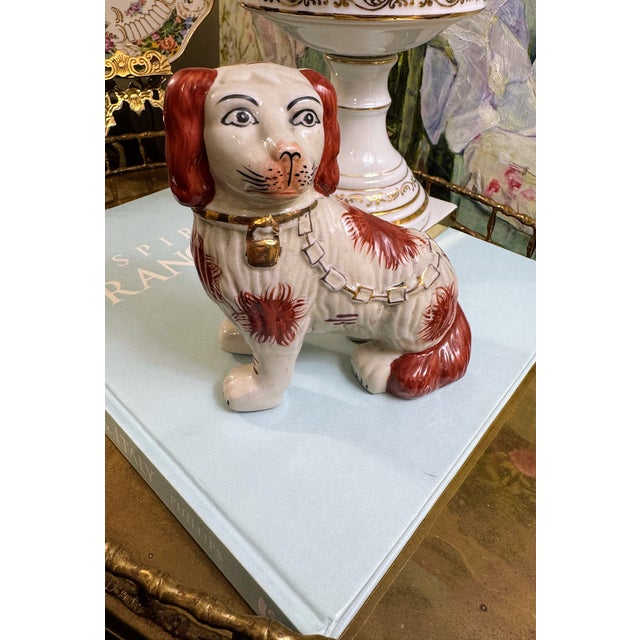 Charming Pair of Vintage Staffordshire Style Spaniels With Gilt Chain Collars and Parted Legs, Red & Cream Porcelain Dogs For Sale - Image 10 of 17