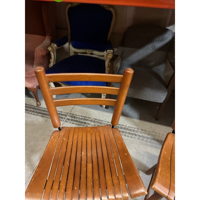 Mid-Century Modern Pair of 1970s Wooden Slat Swivel Bar Stools For Sale - Image 3 of 7