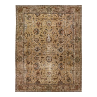 Antique Tabriz Handmade Brown Persian Wool Rug With Floral Motif For Sale