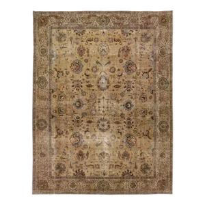 Antique Tabriz Handmade Brown Persian Wool Rug With Floral Motif