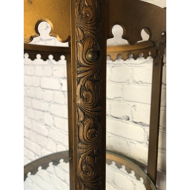Antique Bronze and Teak Wood Glass Round Curio Shelf For Sale - Image 9 of 9