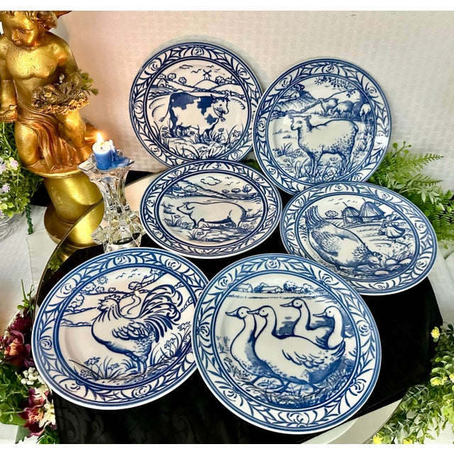 1980s Williams-Sonoma Brittany Blue & White Farm Scene Plates - 6 PCS For Sale - Image 10 of 12