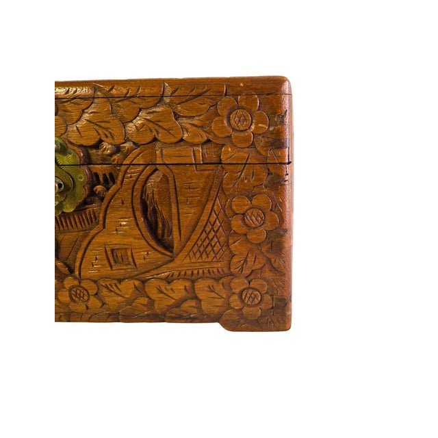 Vintage Asian Hand-Carved Camphor Wood Jewelry Box With Village Scene & Brass Hardware For Sale In Phoenix - Image 6 of 18