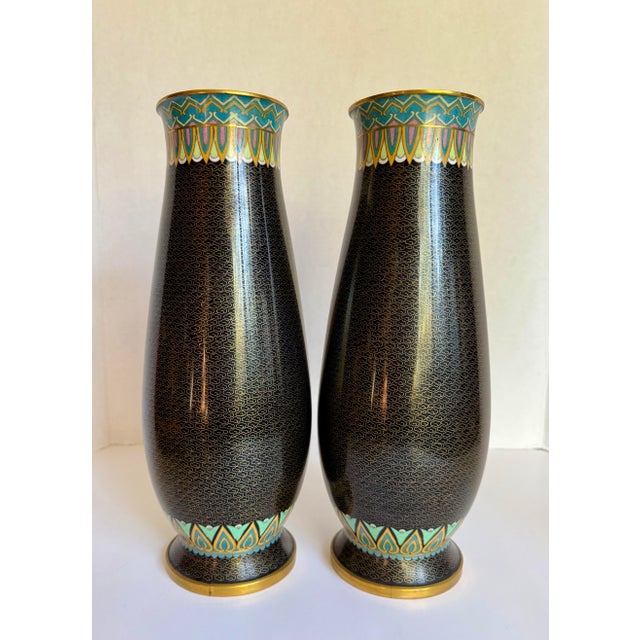 Pair of Asian Cloisonné Peacock and Peony Vases For Sale - Image 9 of 12