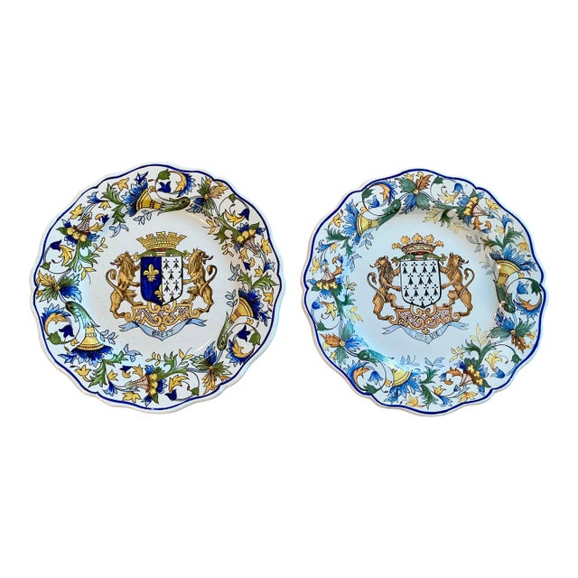 Antique French Quimper Porquier Beau Faience Armorial Plates- Set of 2 For Sale