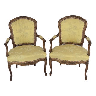 1950s French Louis XV Style Carved Fauteuil Arm Chairs For Sale