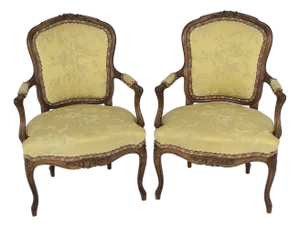 1950s French Louis XV Style Carved Fauteuil Arm Chairs