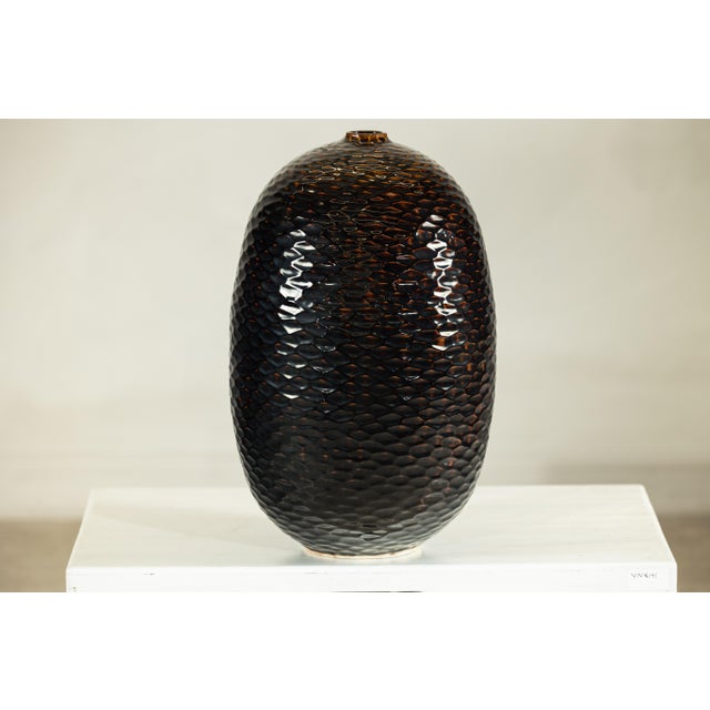 Artisan Large Honeycomb-Textured Ceramic Vase in Deep Brown and Black Glaze For Sale - Image 18 of 18