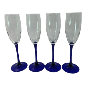 Vintage French Blue Stem Champagne Flutes - Set of 4