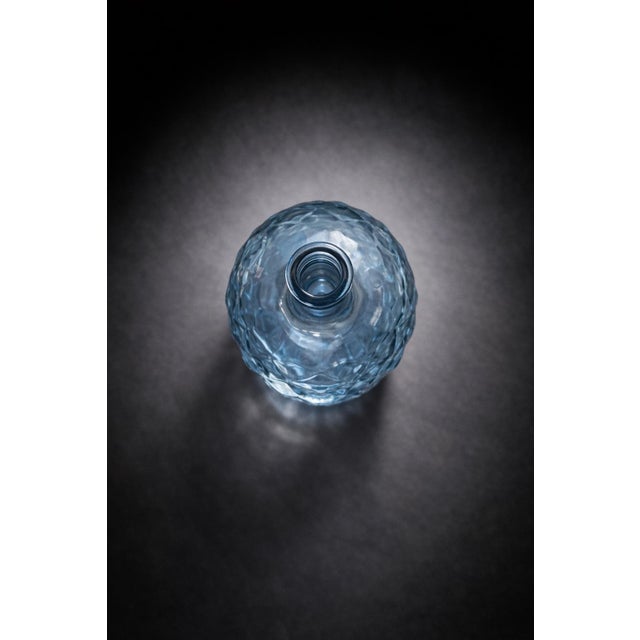 Contemporary Late 20th Century Blue Textured Art Glass Bottle Vase — Coastal Diamond Cut Form For Sale - Image 3 of 5