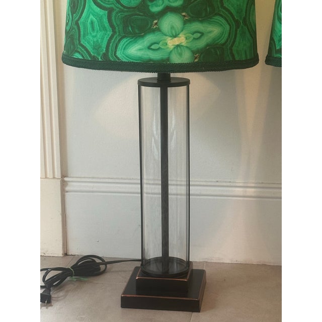 Uttermost Glass Column Lamps With Malachite Shades - a Pair For Sale - Image 10 of 11