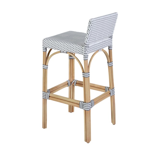 Dove Gray Serienna 30 in. Seat Height Rectangular Rattan Low Back Bar Stool, White/Gray Dot / Natural Rattan Frame For Sale - Image 8 of 11