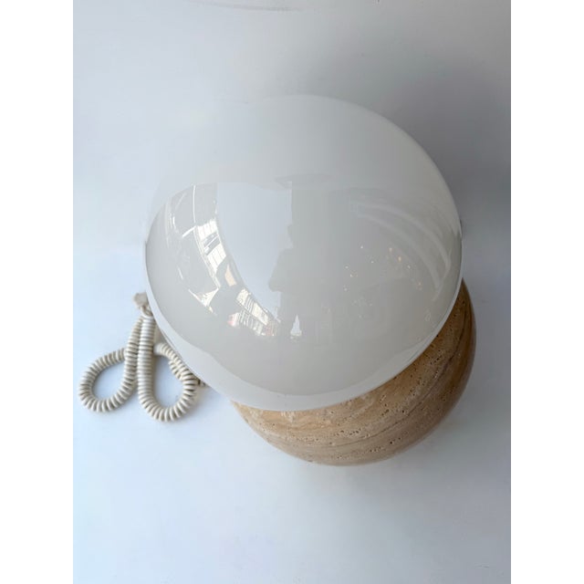 Pair of Travertine and Opaline Glass Culbuto Lamps Italy, 1980s For Sale - Image 11 of 14