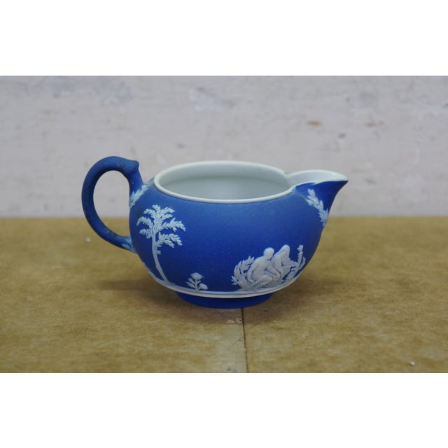 Early 20th Century Vintage Wedgwood Blue Jasperware Candlesticks Creamer Sugar Teapot Bowl Compote - Set of 6 For Sale - Image 5 of 16
