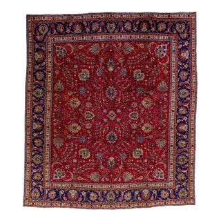 1960s Vintage Persian Tabriz Red Handmade Floral Wool Rug For Sale
