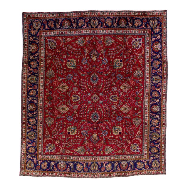 1960s Vintage Persian Tabriz Red Handmade Floral Wool Rug For Sale