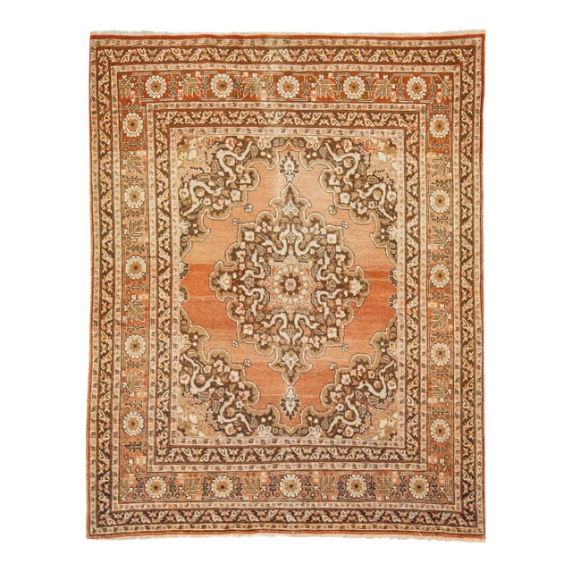 1960s Vintage Persian Tabriz Handmade Medallion Rust Wool Rug For Sale