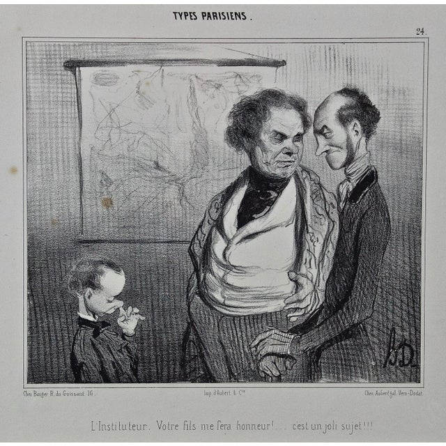 This is a rare 19th century satirical lithograph by Honoré-Victorin Daumier entitled "Types Parisiens, L'InstItuteur:...