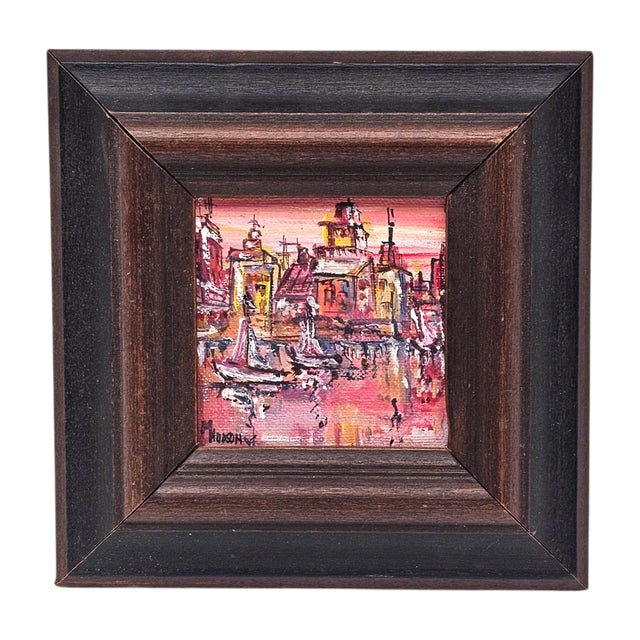 Textile Mid-Century Harbor Sunset Miniature Oil Painting by Margery Hudson For Sale - Image 7 of 9
